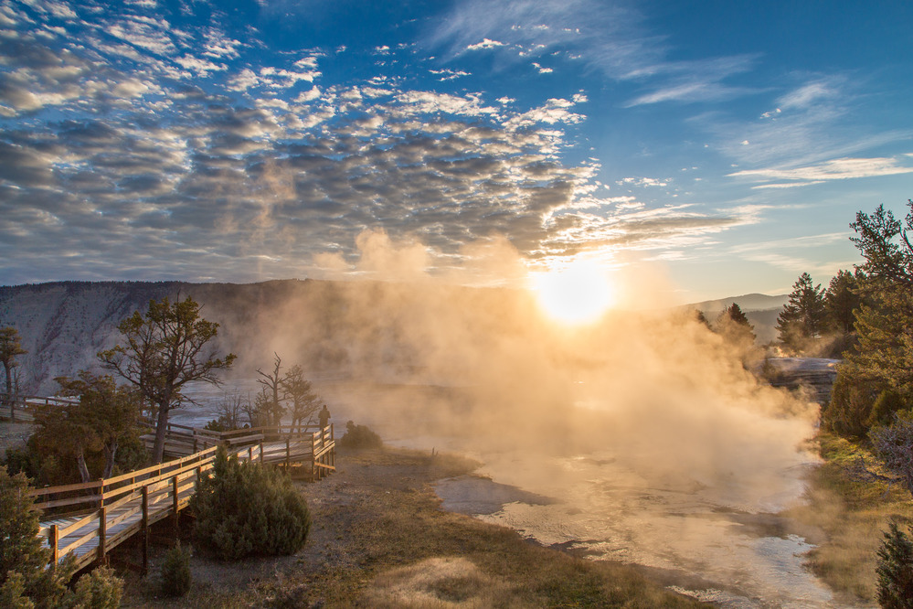 Sunrise, Upper Terrace, Mammoth Hot Springs NPS photo by Neal Herbert; October 2014; Catalog #19700d; Original #8652