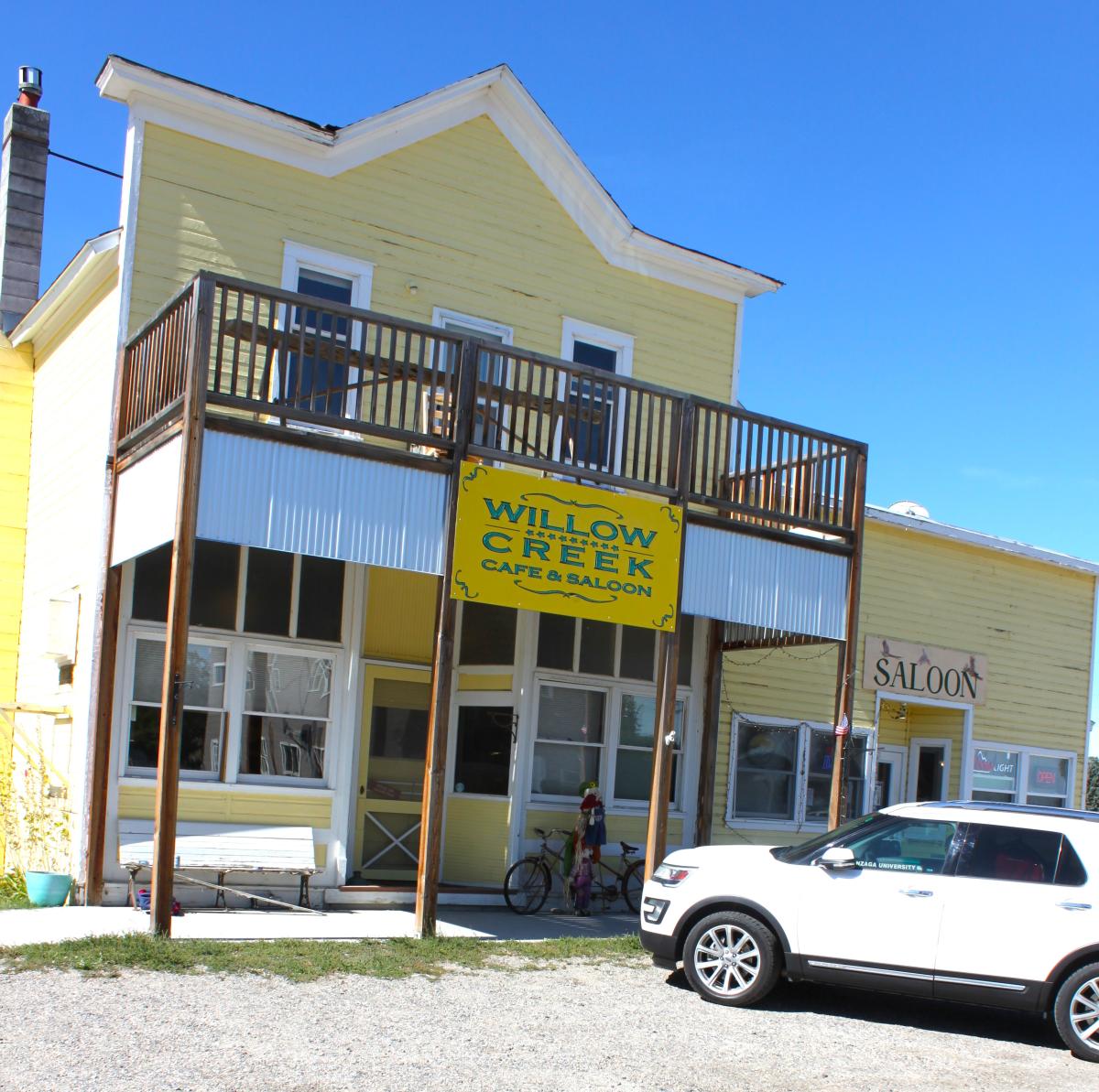 Willow Creek Café and Saloon with bicycle built for two in front. Photo courtesy of Kris Skolrud.